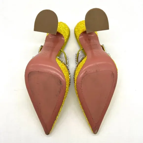 AMINA MUADDI Glitter Gilda Heeled Mule Women 8 Yellow Rhinstone Strap Pointy Toe - Picture 7 of 16